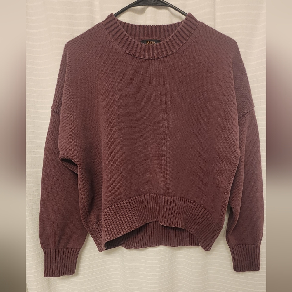 Quince Organic Cotton Boyfried Sweater, Size Small in Eggplant